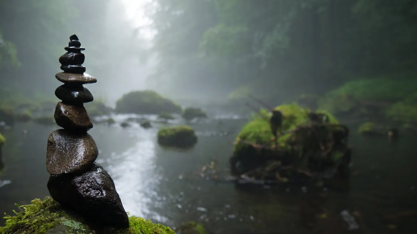 A cairn of smooth stones balanced beside a misty forest stream